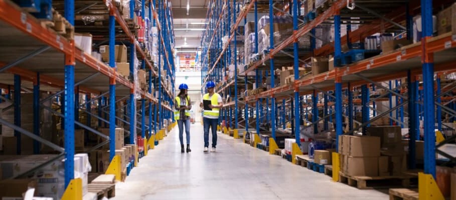 zwei Lagerarbeiter im großen Fabriklager